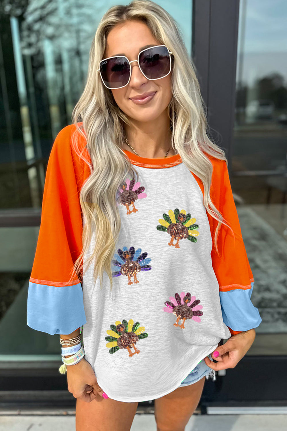 Light Grey Thanksgiving Turkey Sequin Top