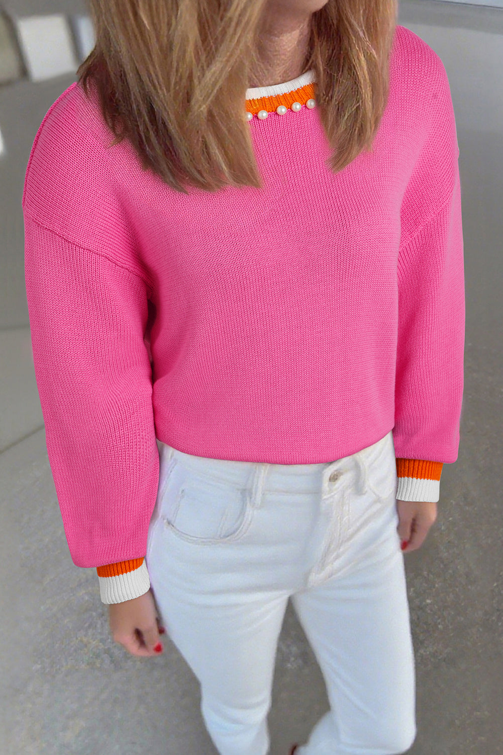 Sachet Pink Contrast Crew Neck Pearled Decor Drop Shoulder Knit Sweater