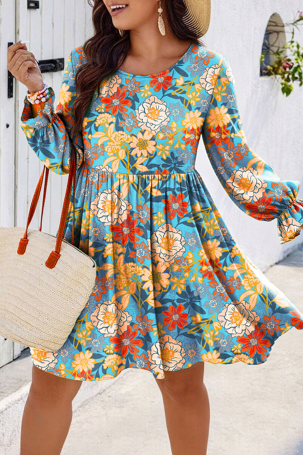 Blue Plus Size Floral Ruffled Long Sleeve Flowy Mini Dress