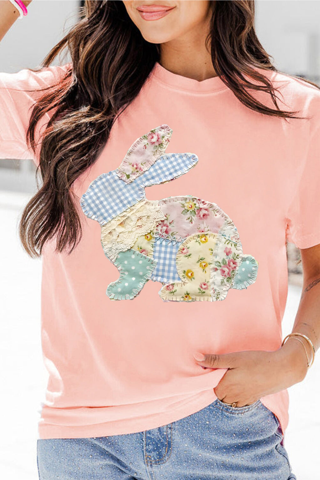 Pink Vibrant Easter Bunny Patchwork Printed T Shirt