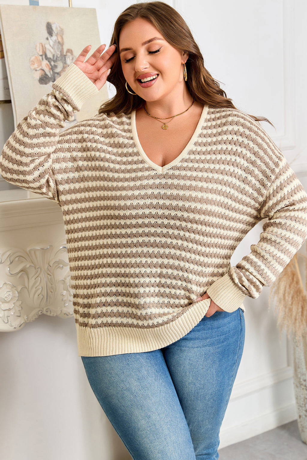 Khaki Stripe Plus Size V Neck Drop Shoulder Sweater
