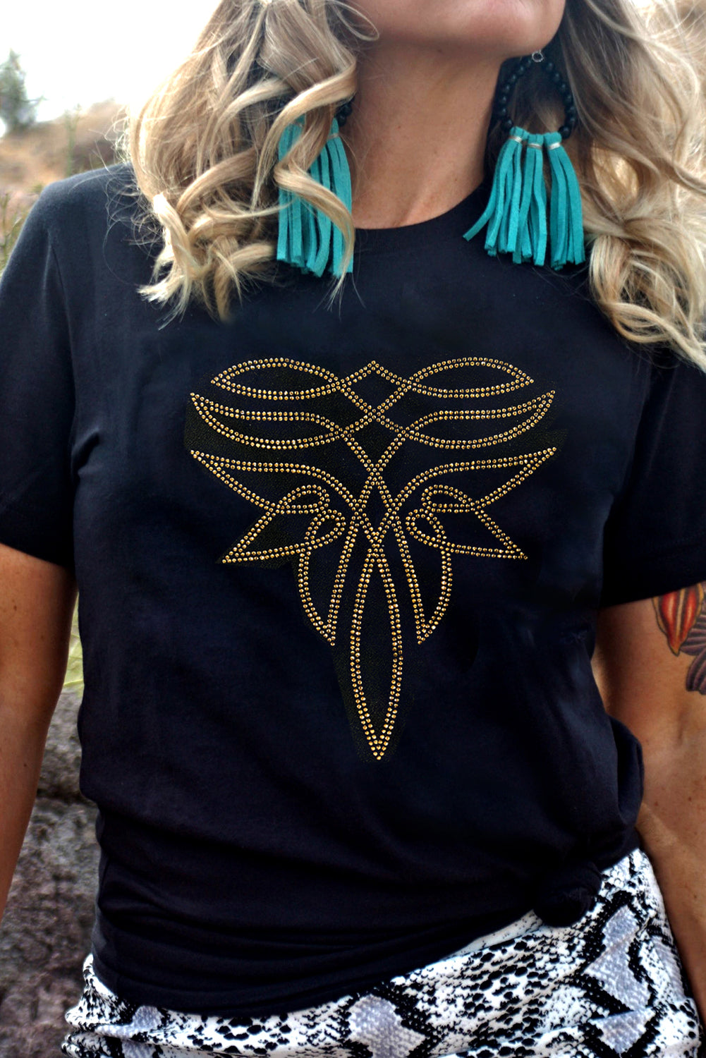 Black Rhinestone Western Pattern Cotton Blend Graphic T Shirt