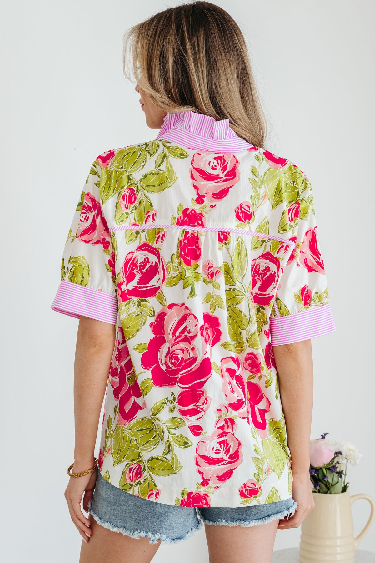 Pink Flower Print Striped Trim Frilled Collar Short Sleeve Shirt