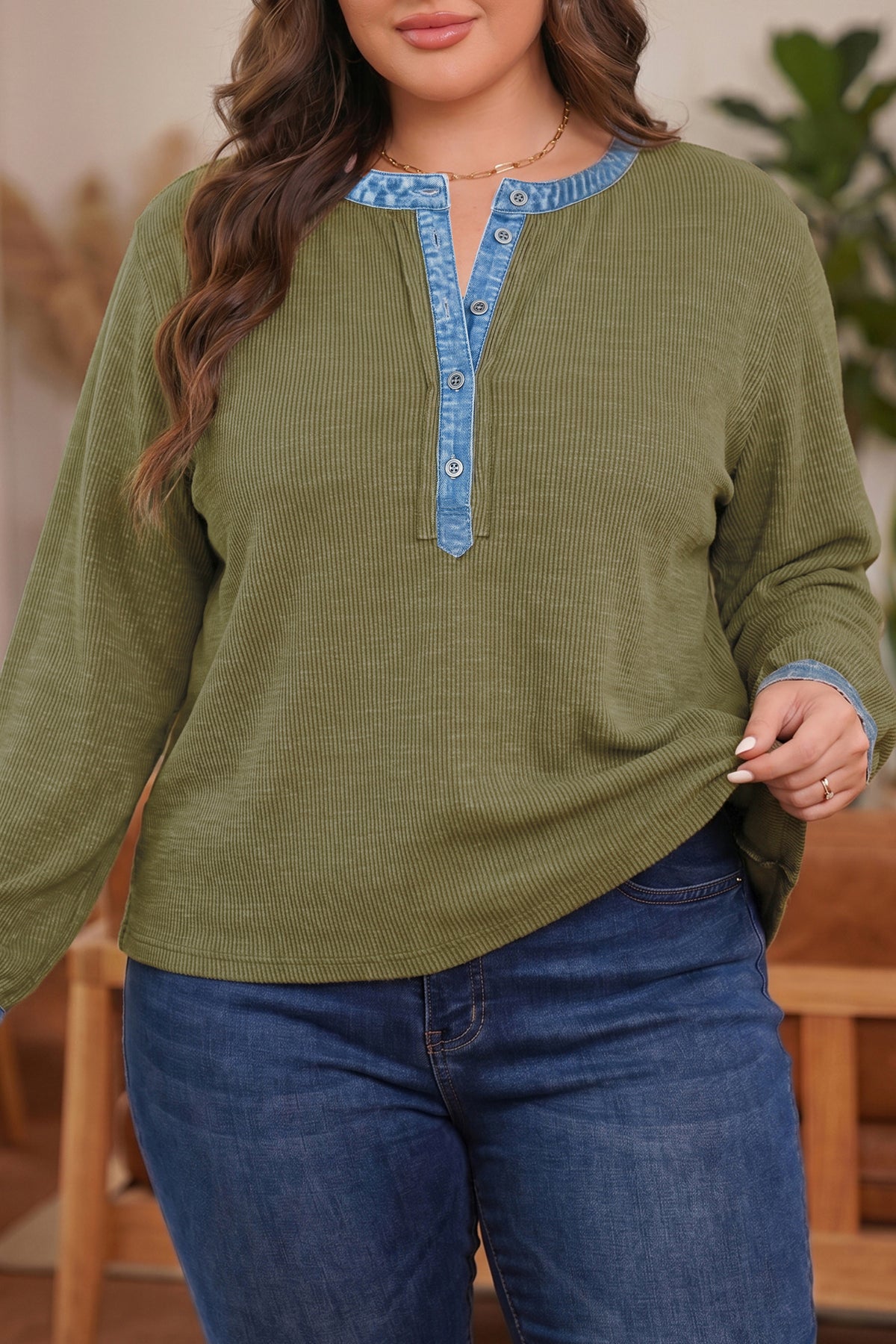 Green Long Sleeve Oversized Plus Size Blouse
