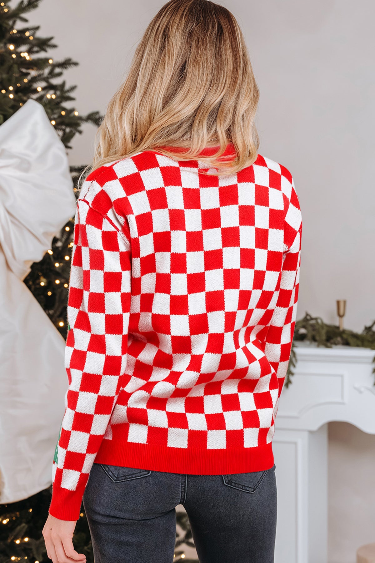 Pink Checkered Christmas Tree Pattern Button V Neck Cardigan Sweater