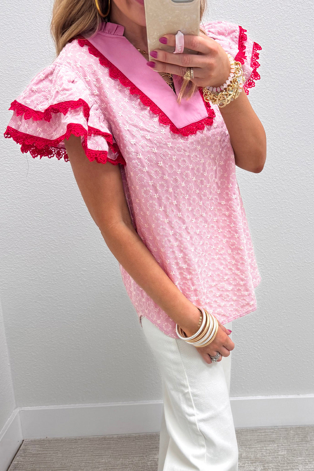 Pink Eyelet Embroidered Flower Texture Contrast Lace Trim Flutter Sleeve Blouse