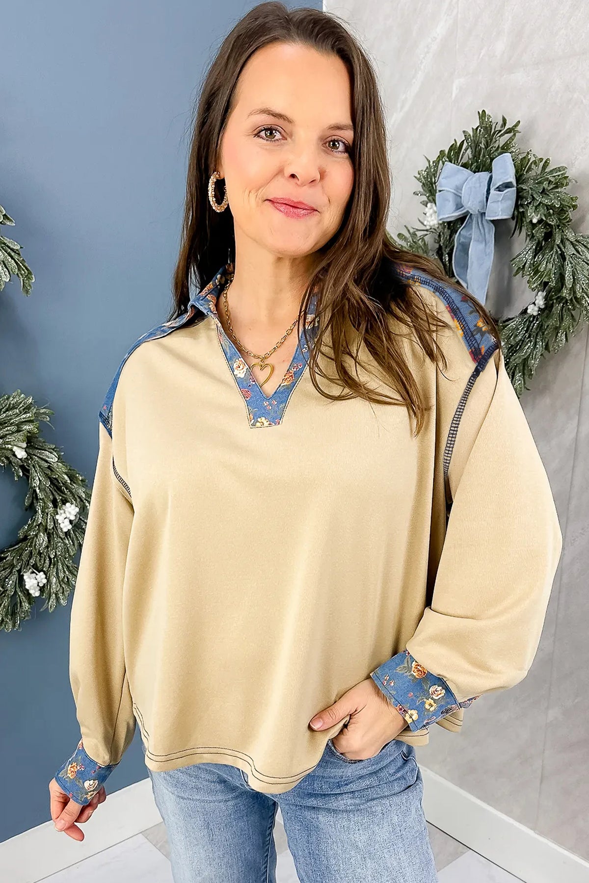 Apricot Floral Denim Long Sleeve Pullover Top
