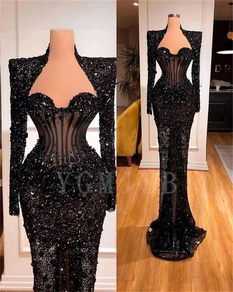 Black Evening Dresses Luxury Rhinestone Dress