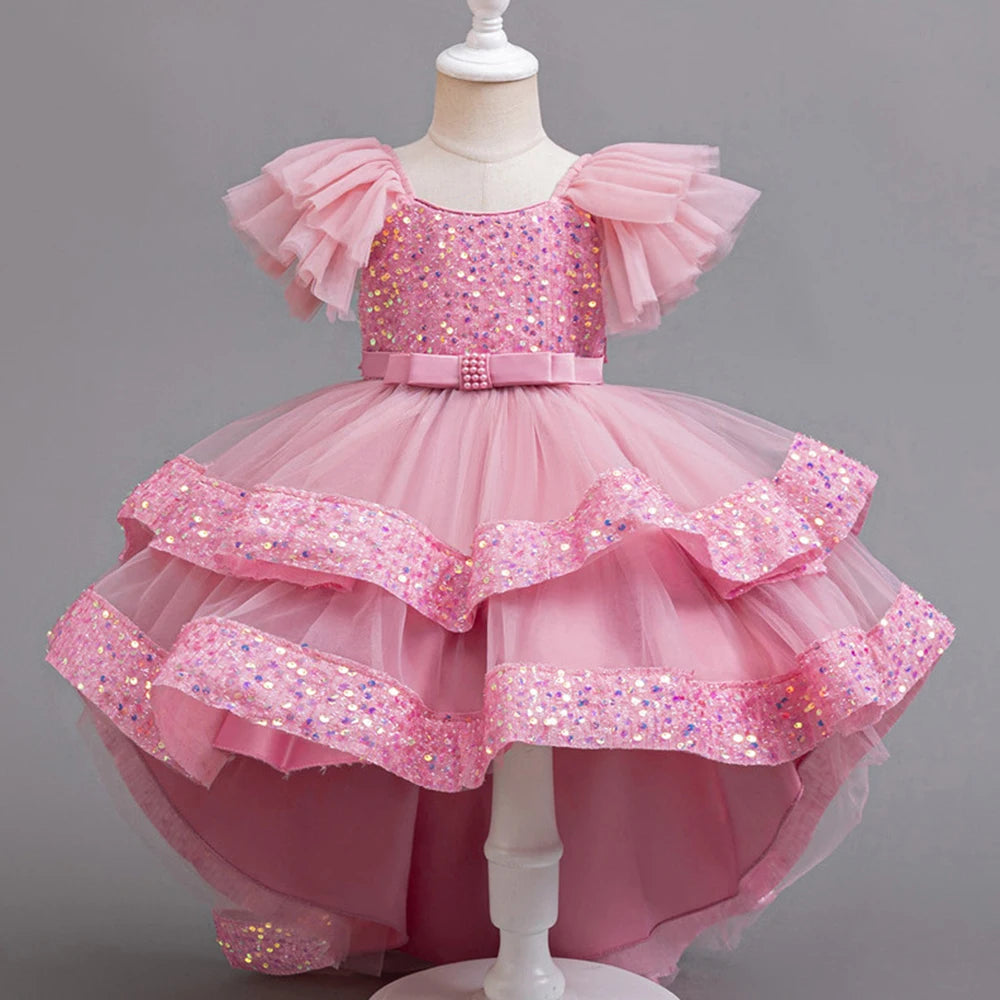 Girls Party Dresses Elegant Tulle Layered Children Long Evening Prom Gown Sequins Puffy Festive Dress for Girl