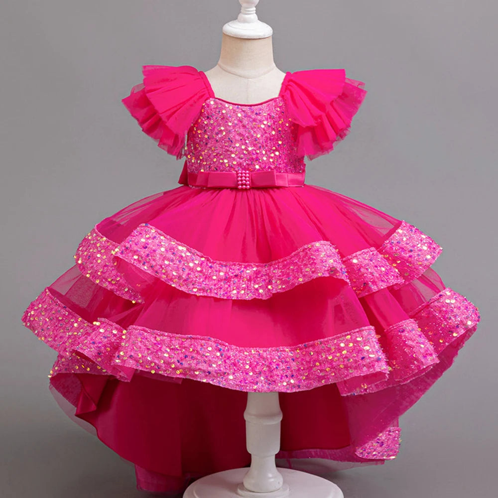 Girls Party Dresses Elegant Tulle Layered Children Long Evening Prom Gown Sequins Puffy Festive Dress for Girl