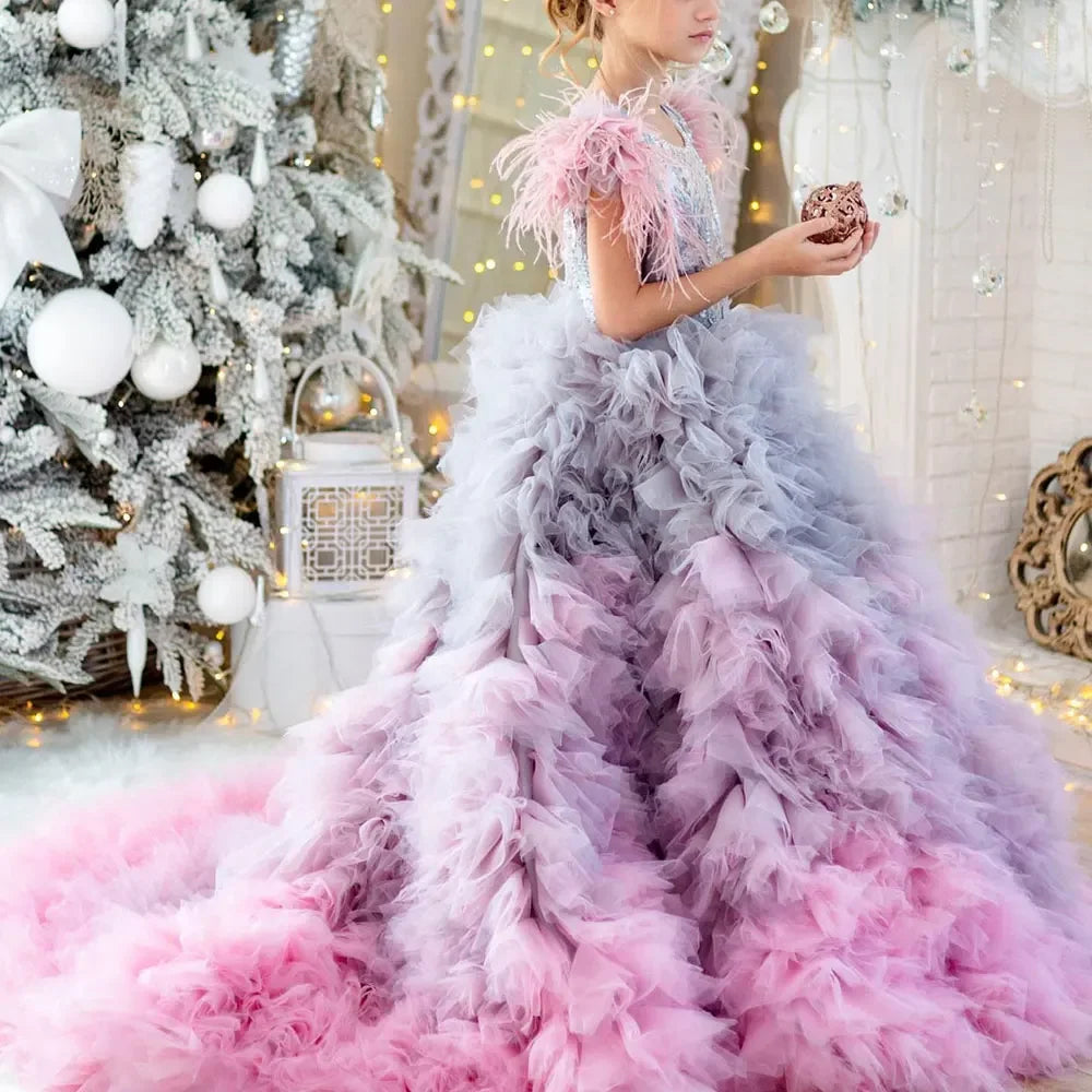 Luxury Flower Girl Dress Applique Feathers Beading Princess Prom Ball Gown for Kids Wedding Birthday Communion Party Quinceañera