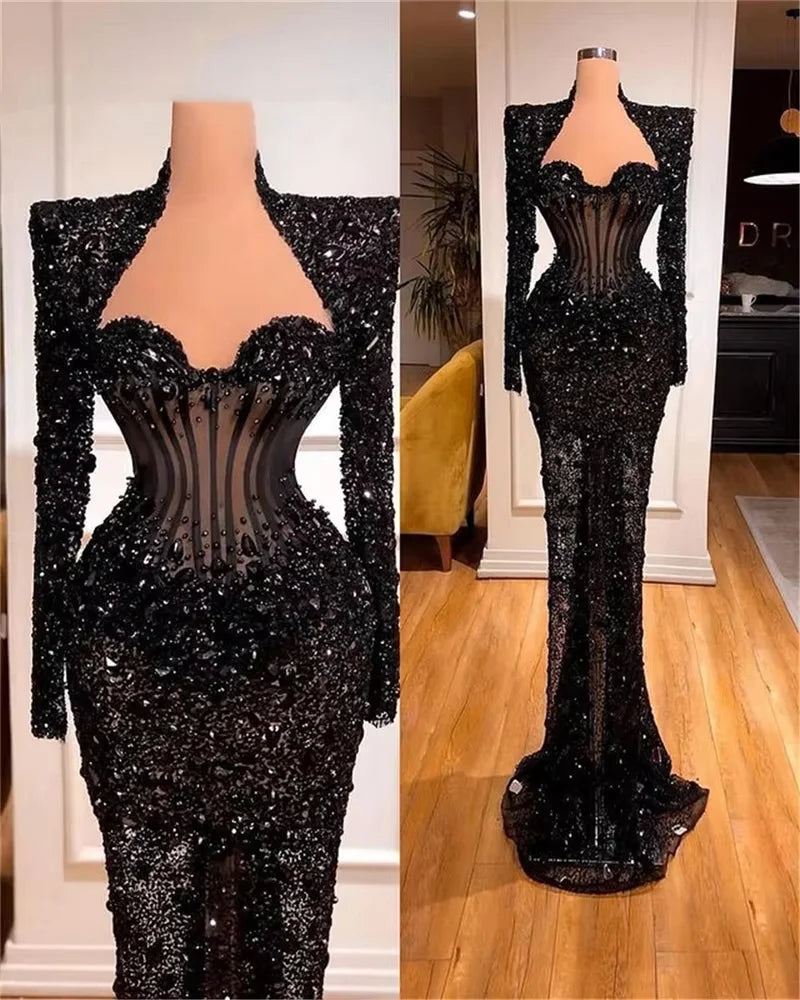 Black Evening Dresses Luxury Rhinestone Dress