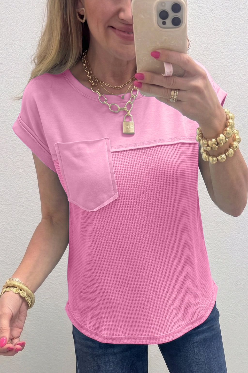 Pink Solid Patchwork Casual T Shirt