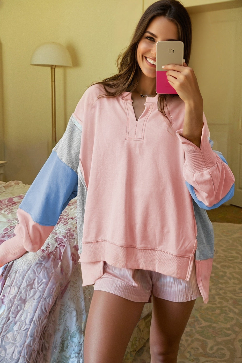 Apricot Pink Exposed Seam Color Block Oversize Sweatshirt