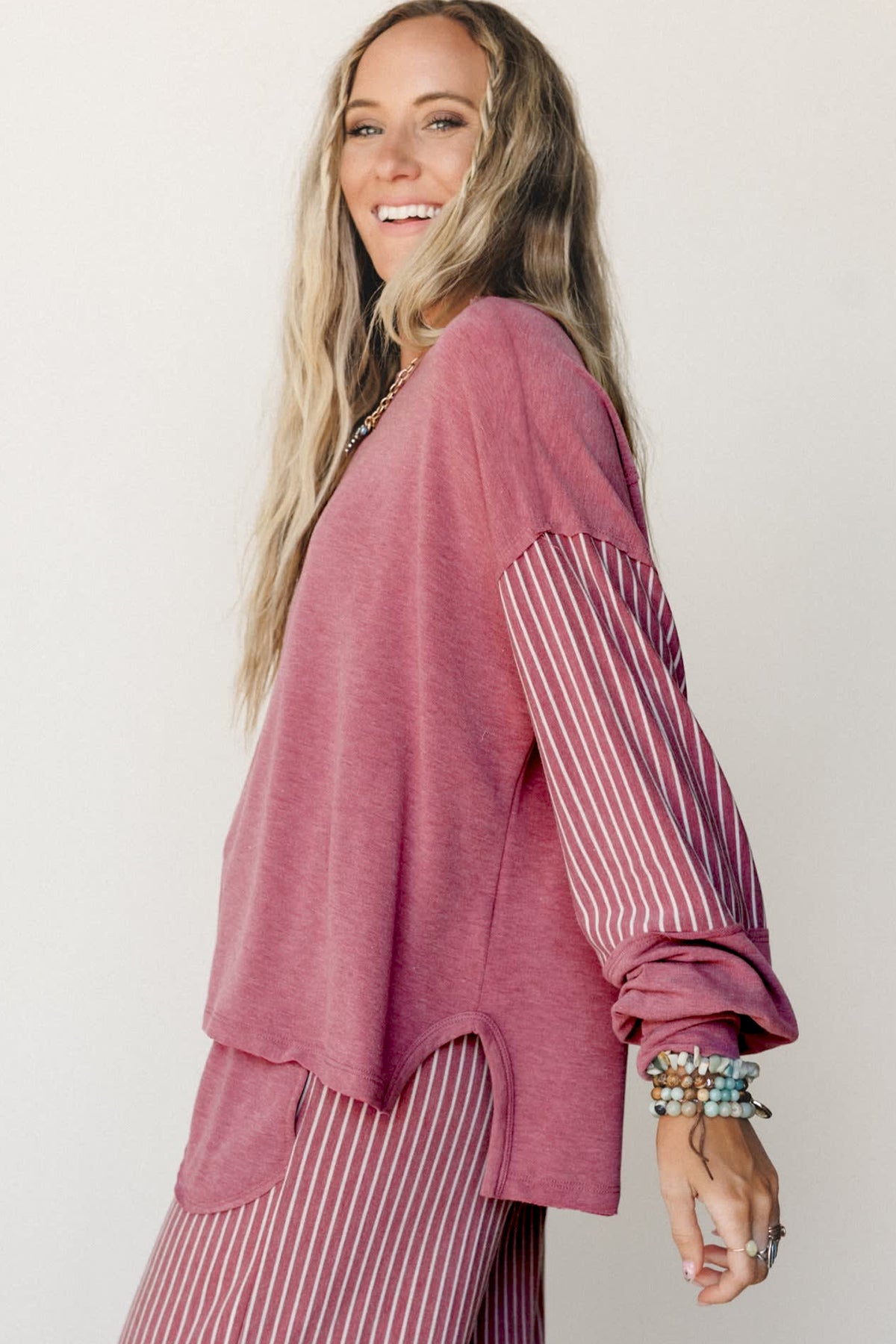 Fushia Raw Seam Long Sleeve Top Pocket Pants Set