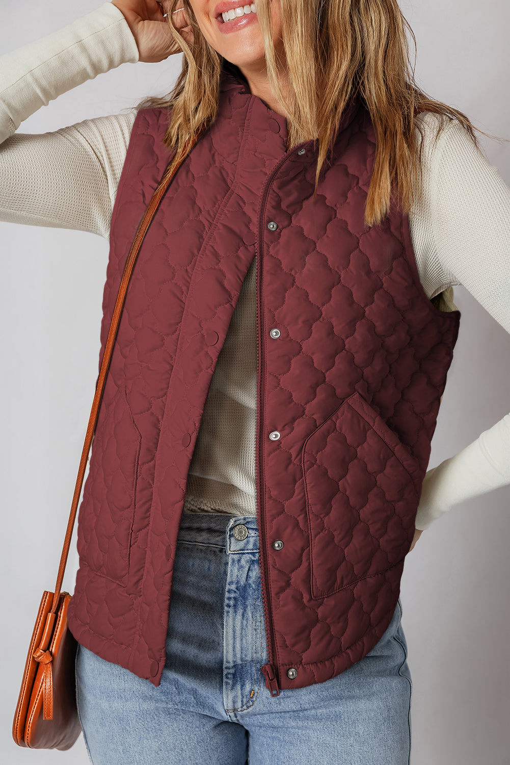 Wild Ginger Flower Shape Quilted Snap Button Zip Up Winter Vest