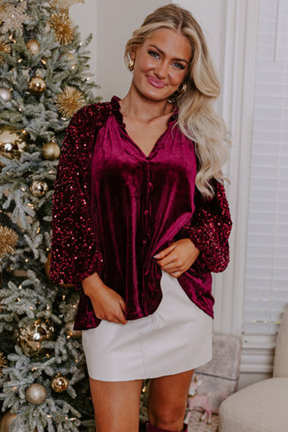 Red Dahlia Sequin Patchwork Button Up Velvet Top