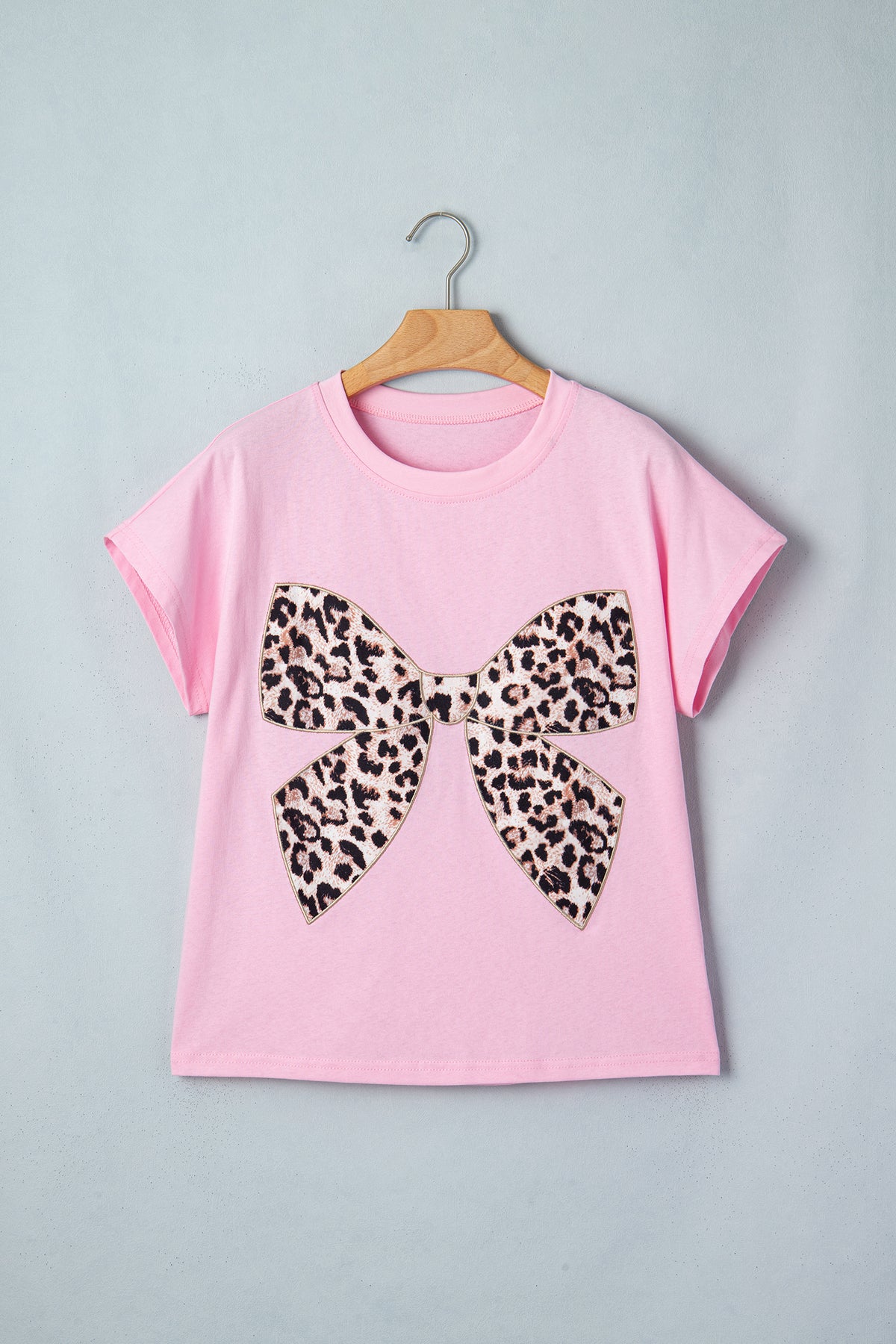 Pink Leopard Bow Embroidered Cotton Round Neck T Shirt