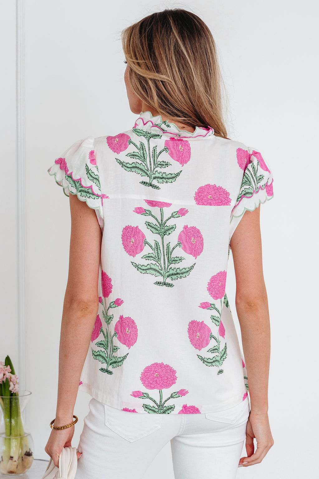 Pink Wild Flower Print Contrast Trim Scallop Detail Short Sleeve Blouse