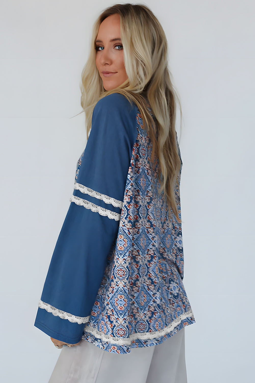 Blue Geometric Printed Lace Long Sleeve Top