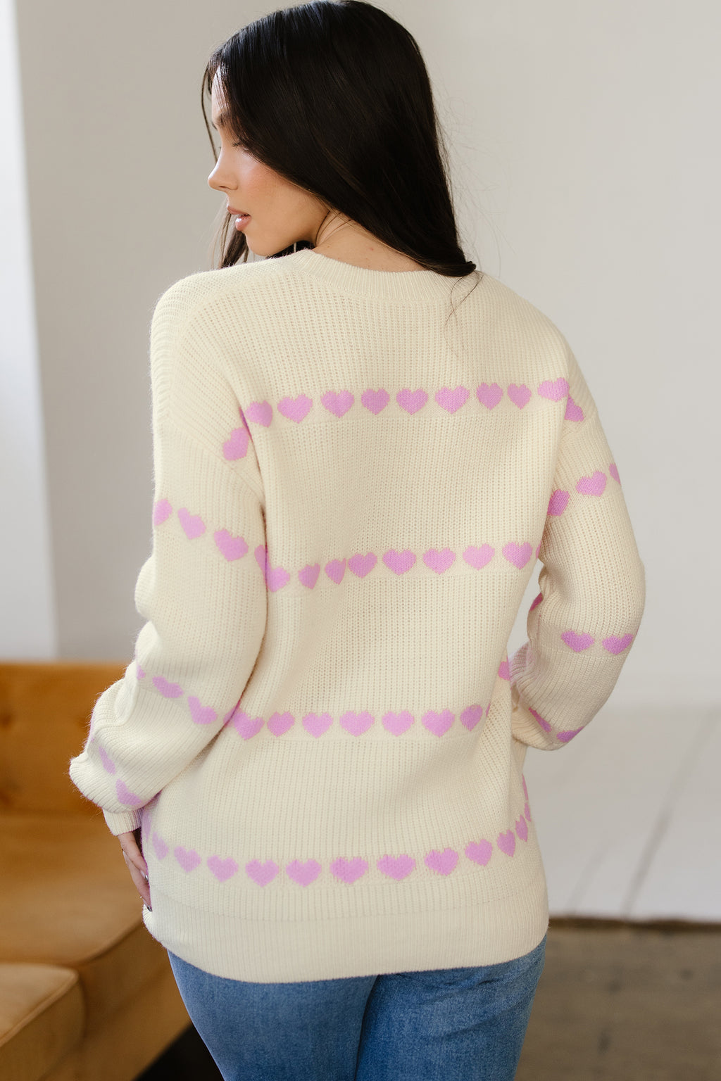 Pink Heart Pattern Valentine Ribbed Knit Sweater