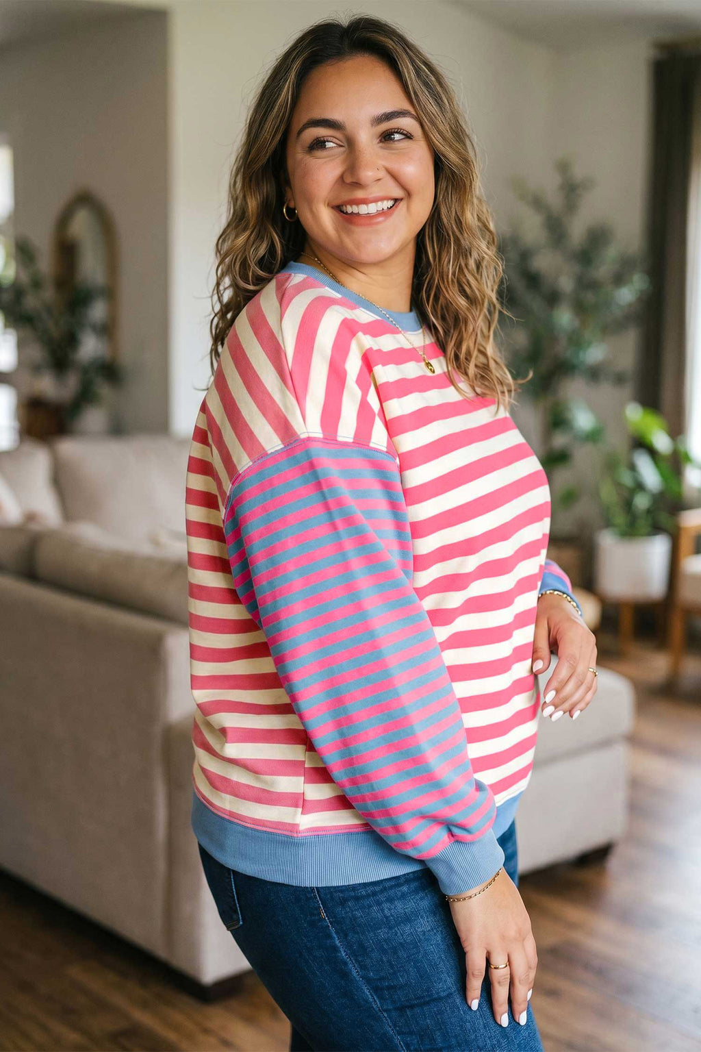Pink Stripe Plus Size Sweatshirt
