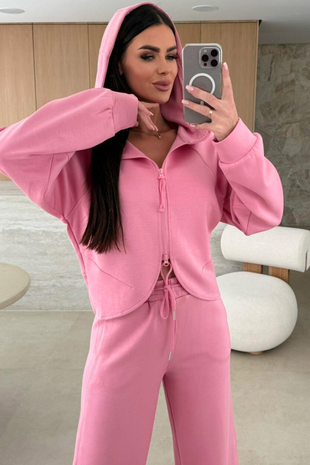 Pink Solid Color Zip Up Hoodie Drawstring Loose Pants Set