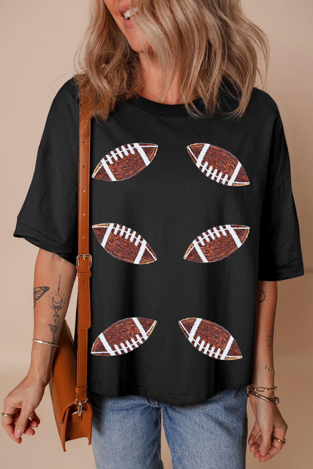 Black Sequin Football Tee