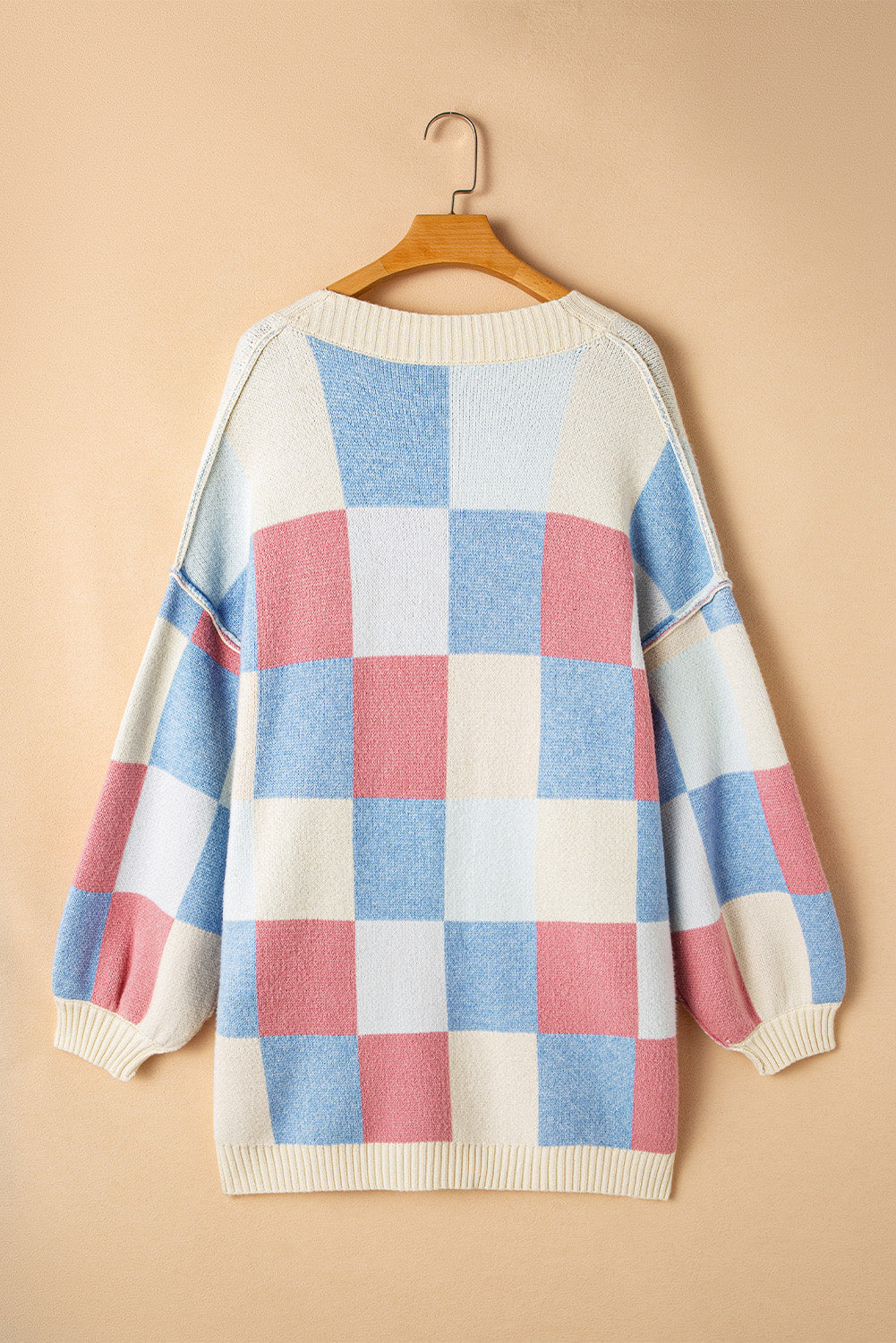 Light Blue Checkered Drop Shoulder Cardigan