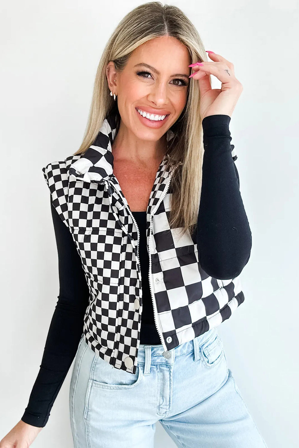 Black Double Checked Stand Collar Cropped Puffer Vest