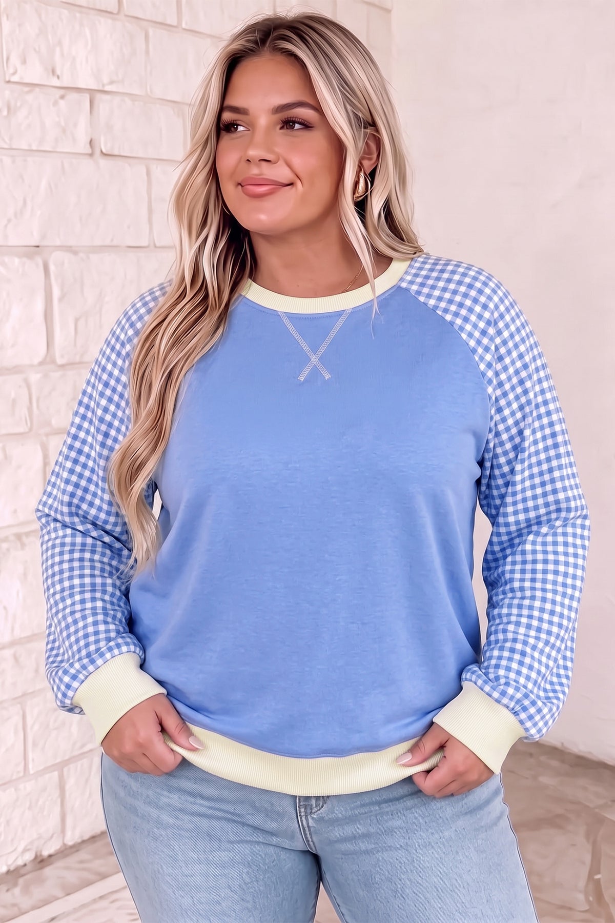 Light Blue Plaid Sleeve Plus Size Sweatshirt
