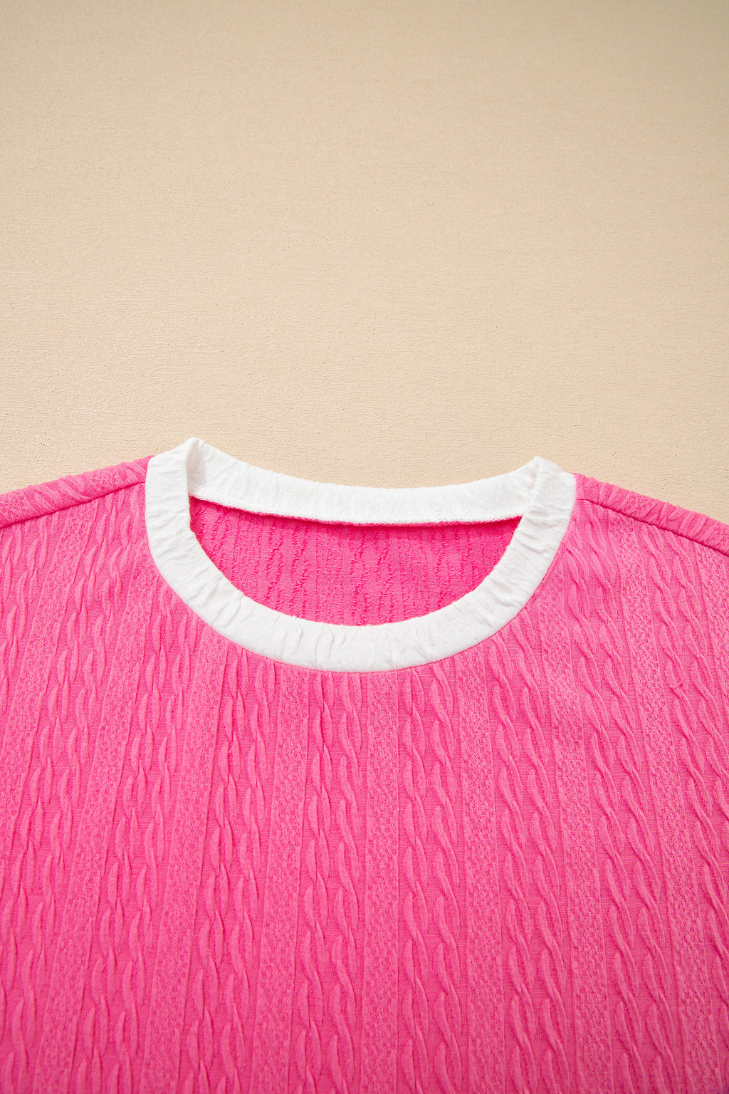 Bright Pink Textured Color Block Trim Loose Tee Drawstring Shorts 2pcs Set
