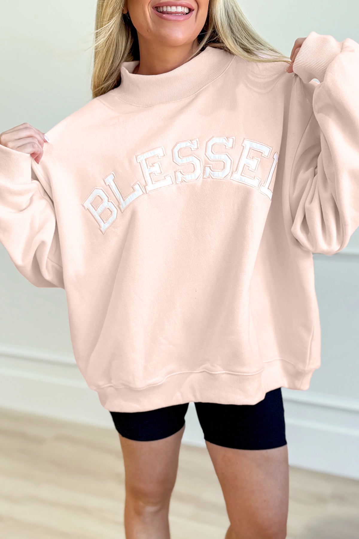 Light Pink Oversize Blessed Embroidered Mock Neck Sweatshirt