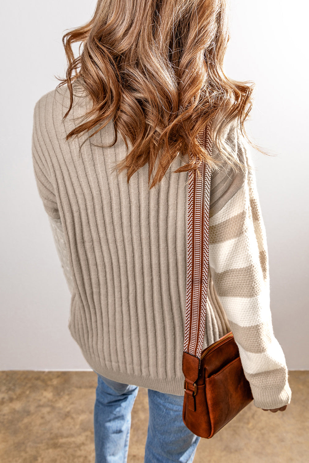 Khaki Cable Knit Colorblock Crew Neck Sweater