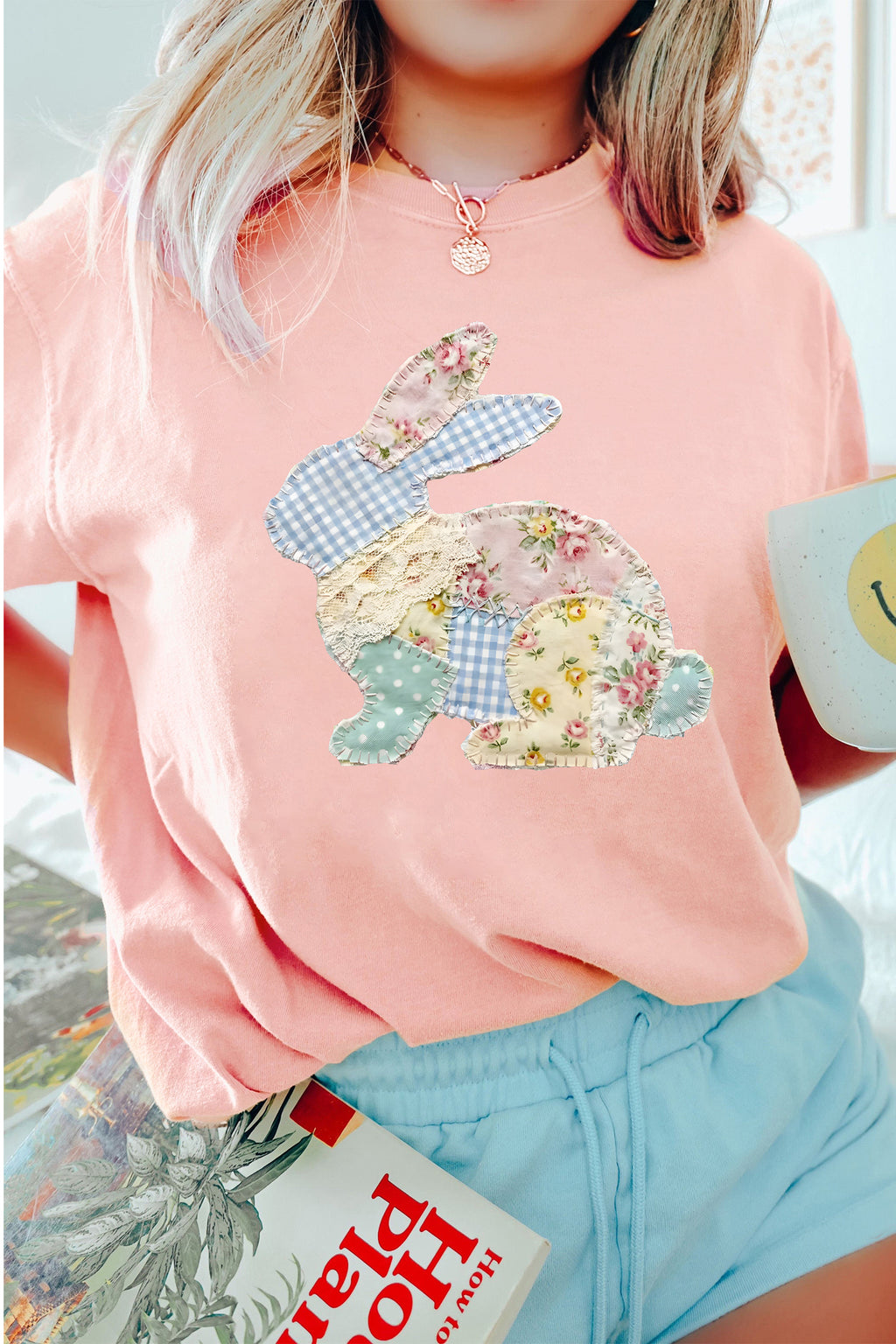 Pink Vibrant Easter Bunny Patchwork Printed T Shirt