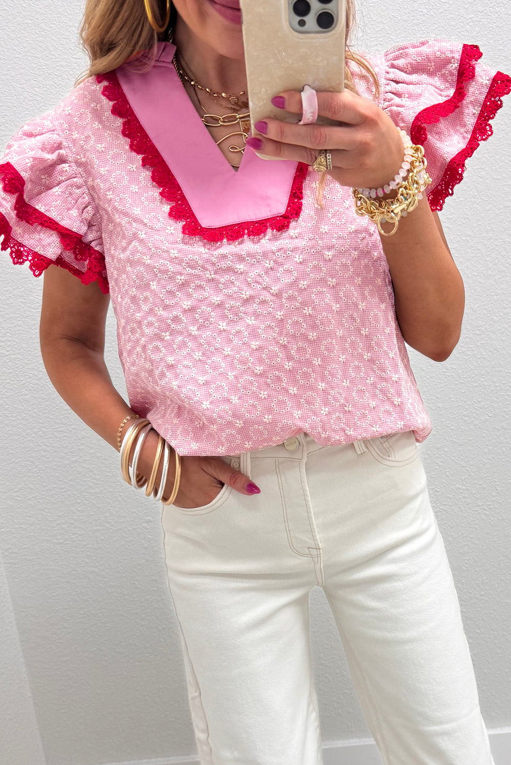 Pink Eyelet Embroidered Flower Texture Contrast Lace Trim Flutter Sleeve Blouse