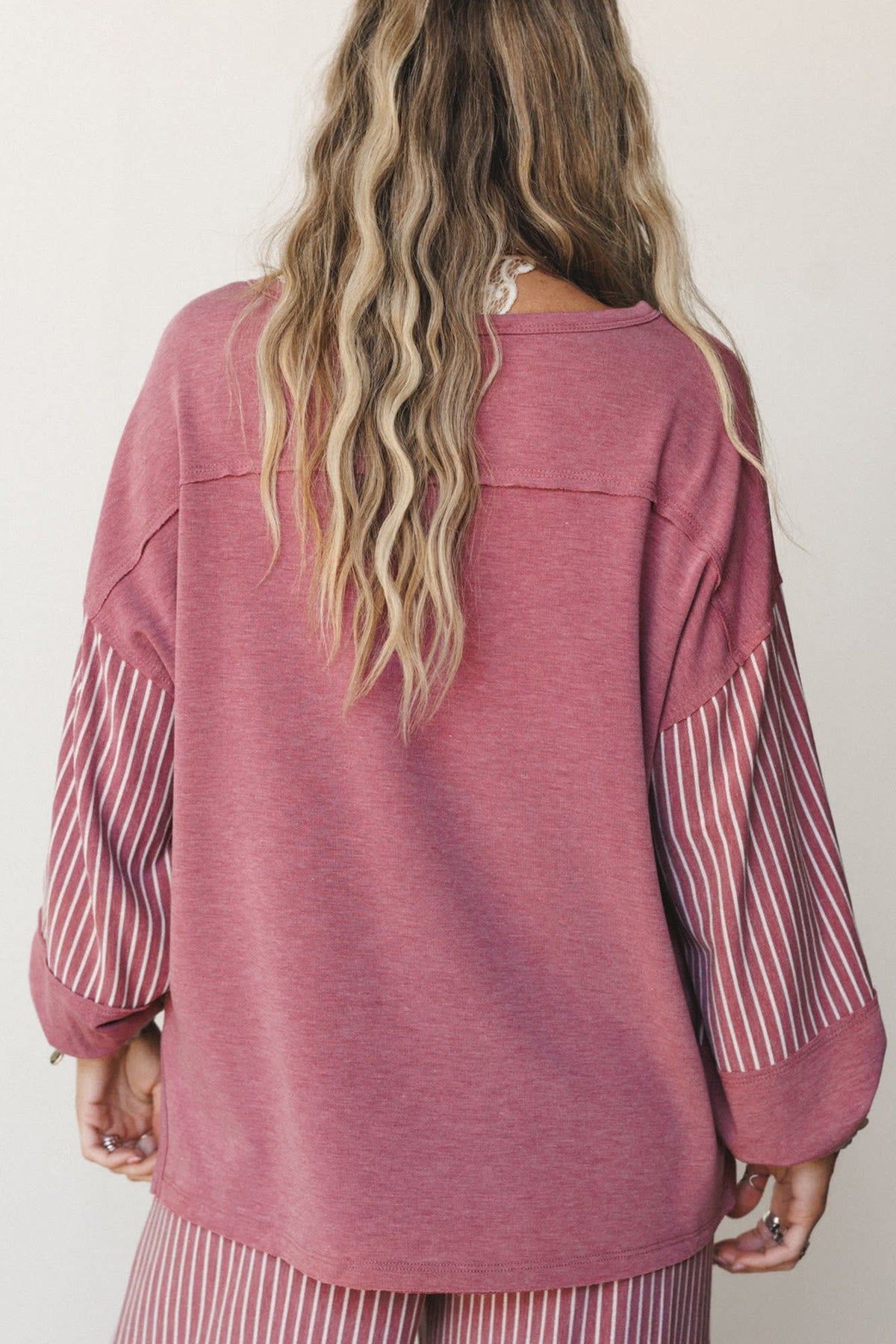 Fushia Raw Seam Long Sleeve Top Pocket Pants Set