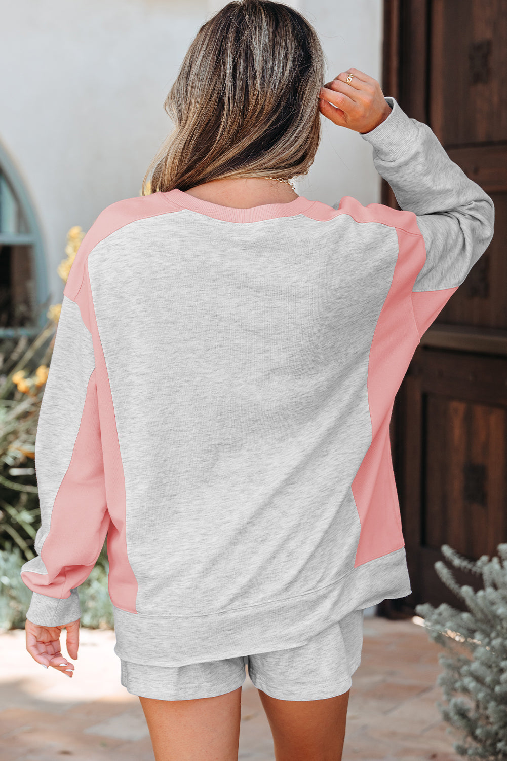 Light Grey Color Block Raw Hem Pullover and Casual Shorts Set