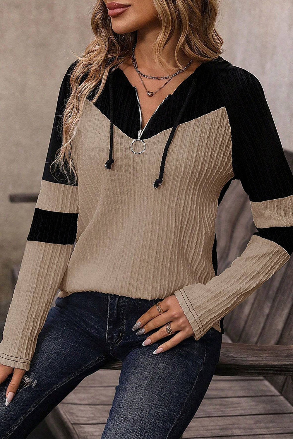 Parchment Textured Drawstring Hooded Top