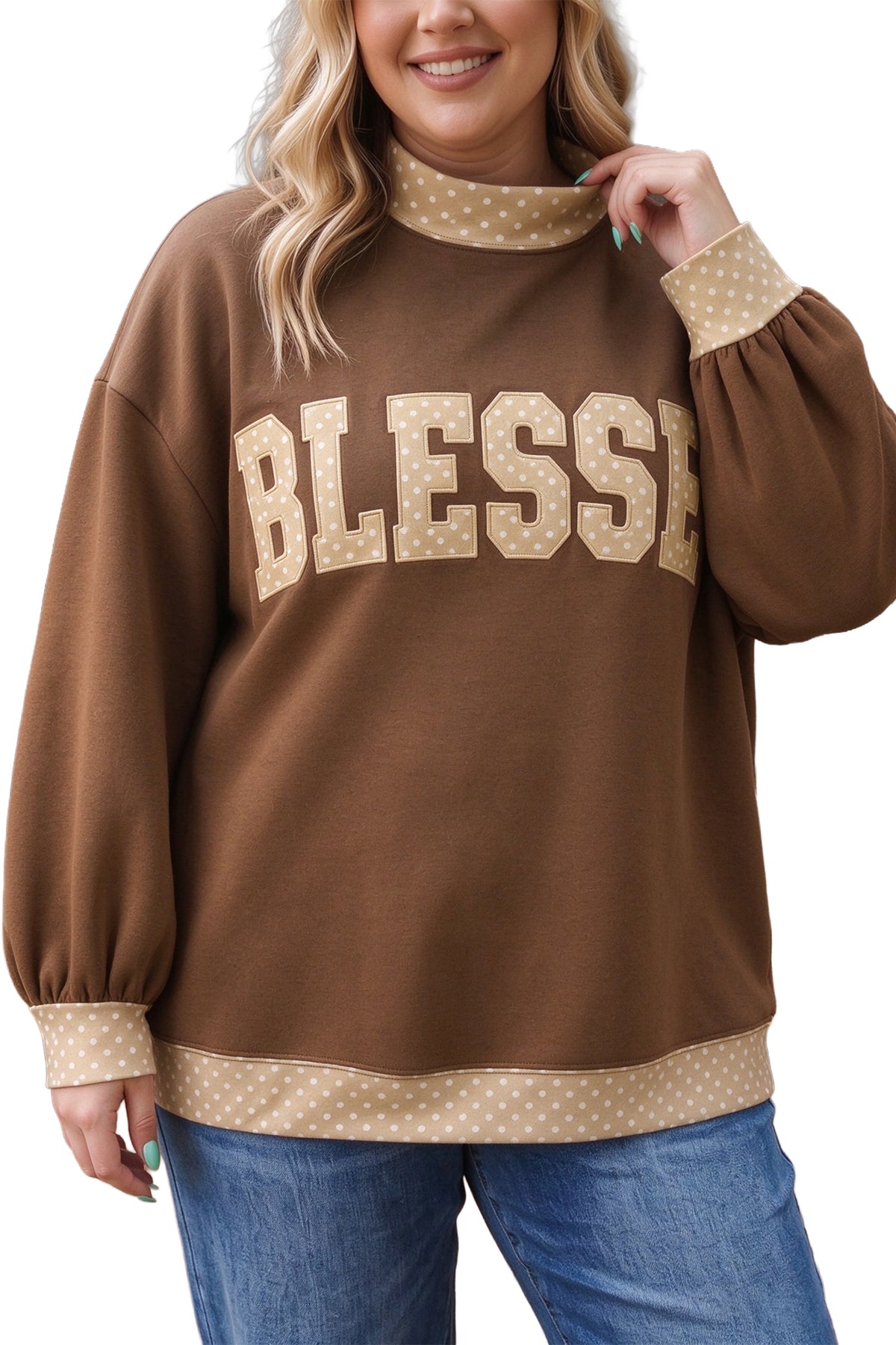 Coffee Plus Size Polka Dot Trim Sweatshirt