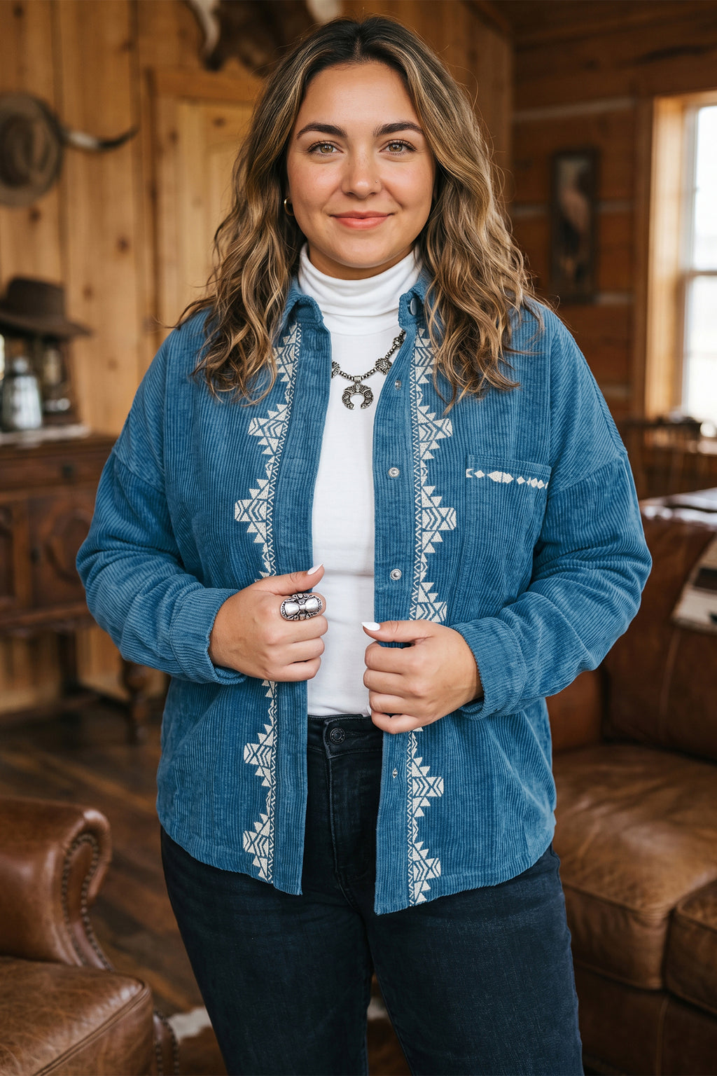 Blue Embroidered Plus Size Shirt
