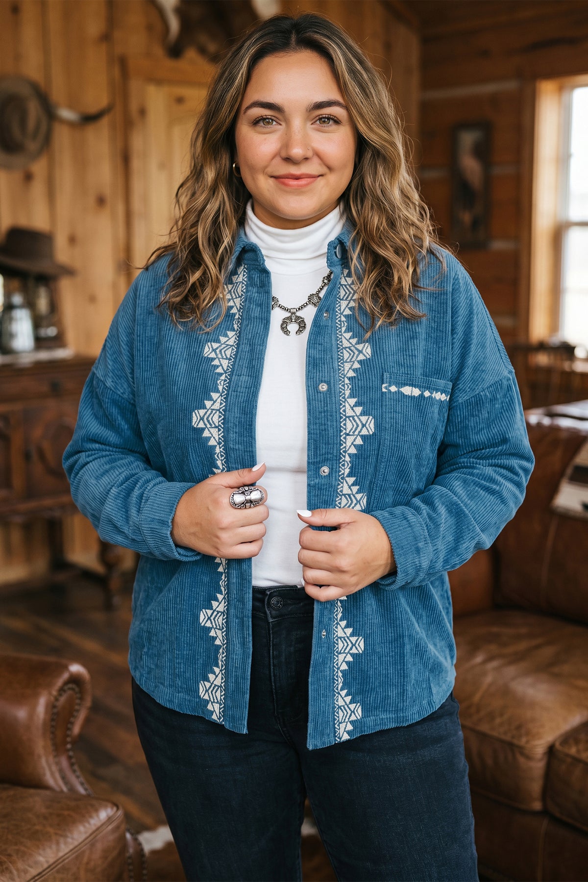 Blue Embroidered Plus Size Shirt