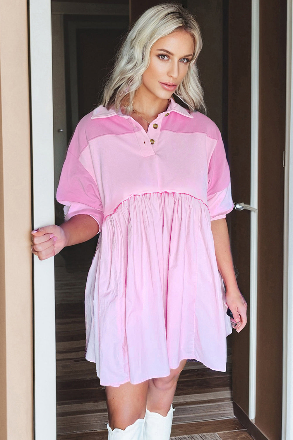 Pink Raw Seam Color Block Patchwork Button Polo Collar Mini Dress