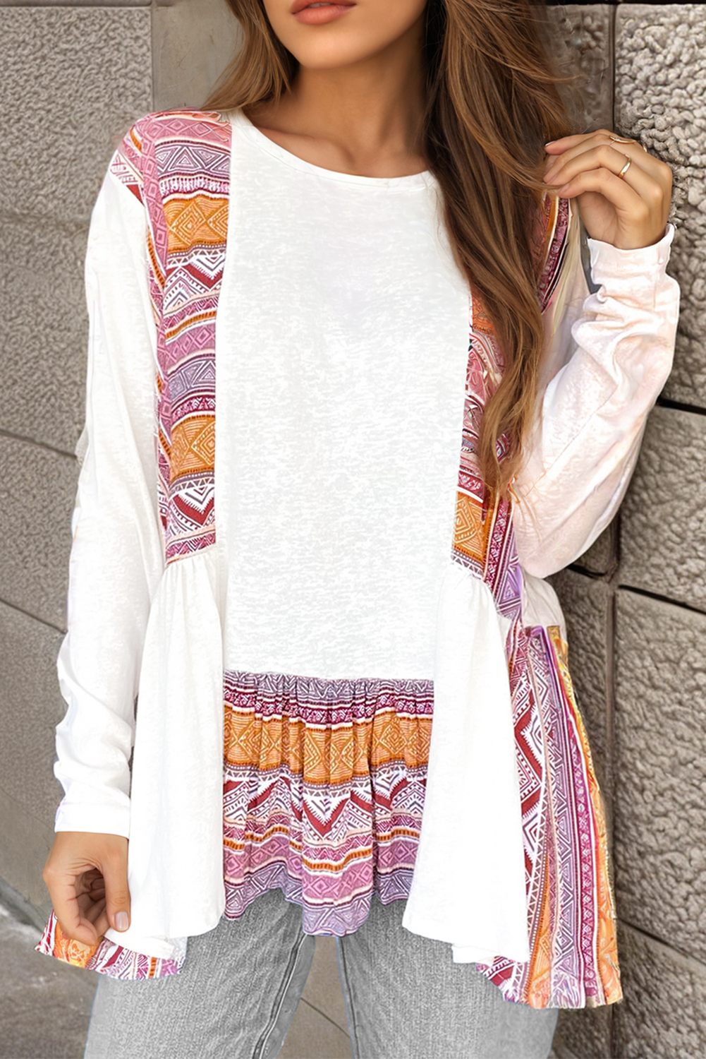 White Western Aztec Print Patchwork Babydoll Top