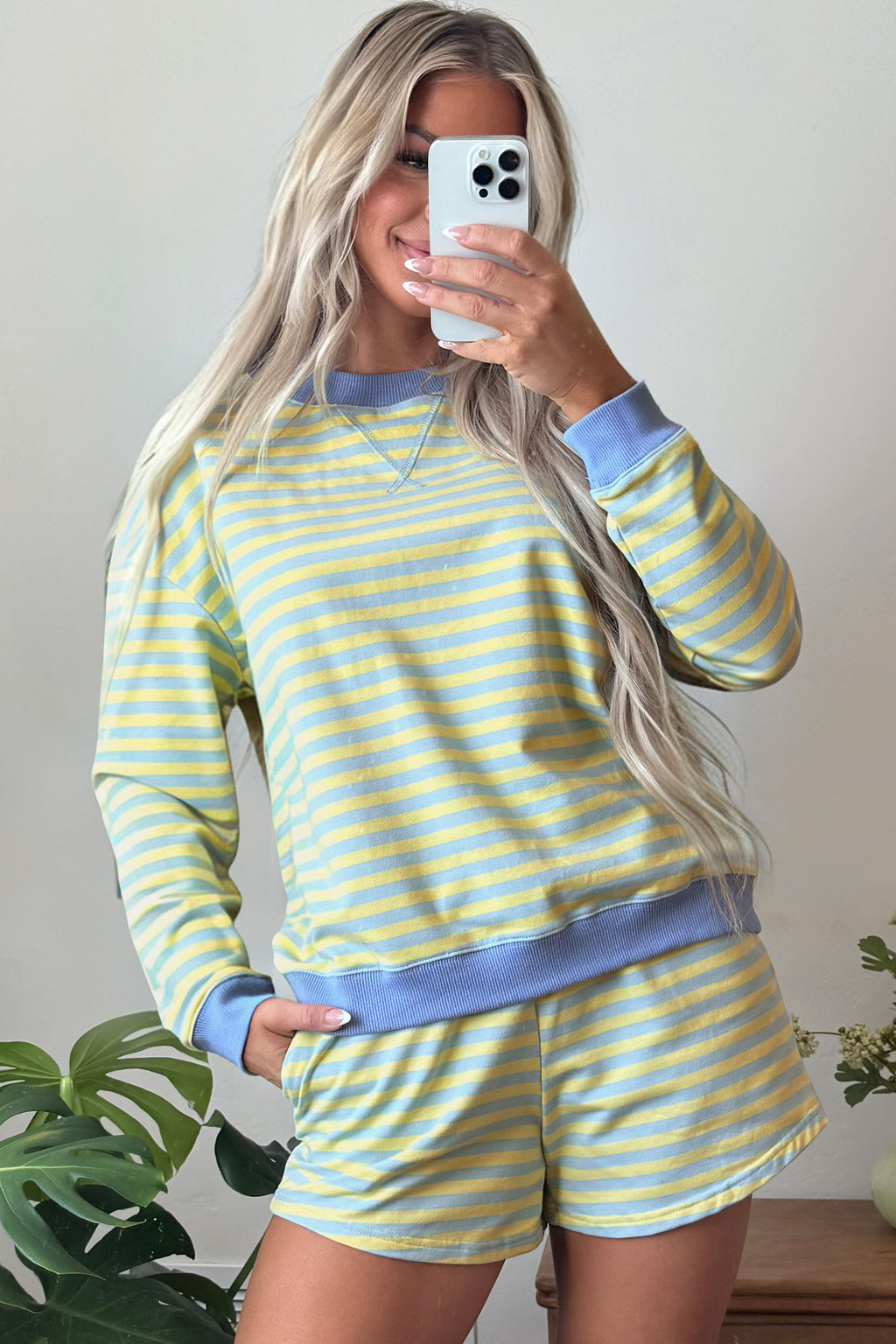 Pink Stripe Color Block Shorts 2pcs Set