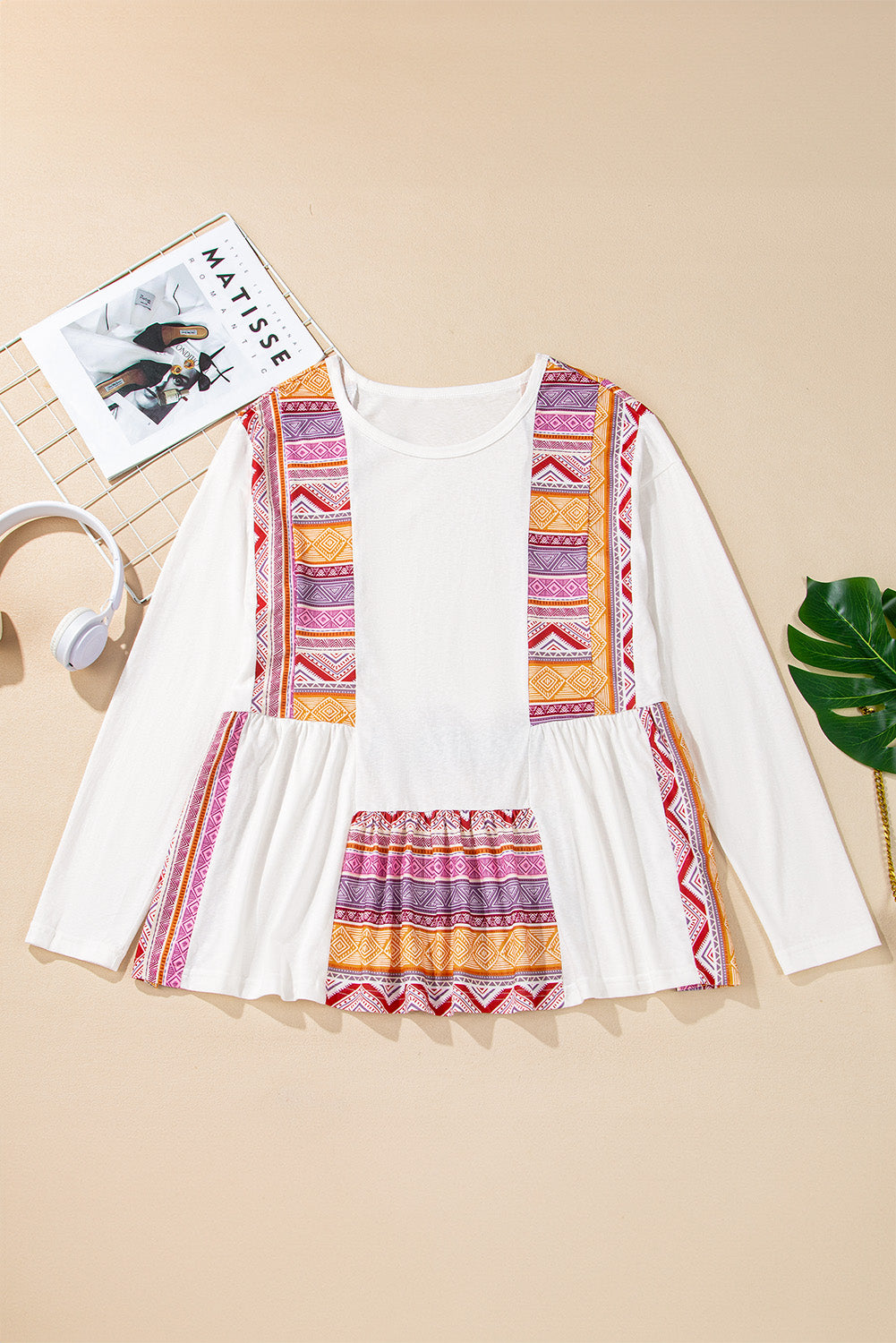 White Western Aztec Print Patchwork Babydoll Top