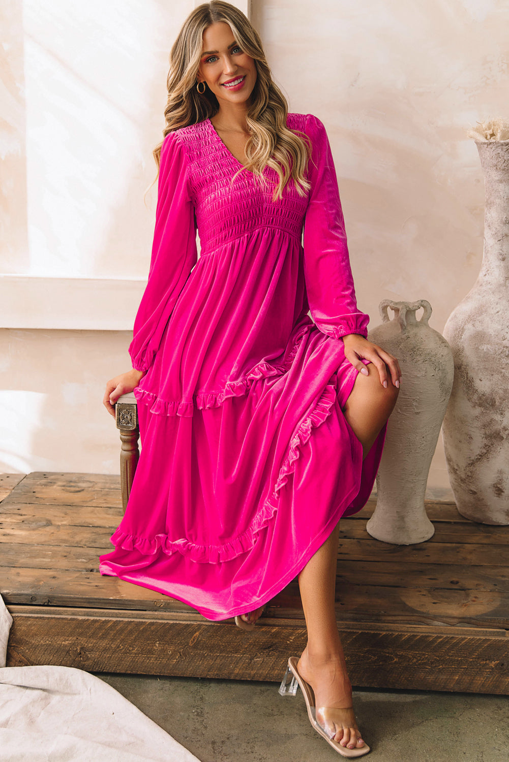 Rose Red Shirred Velvet Dress