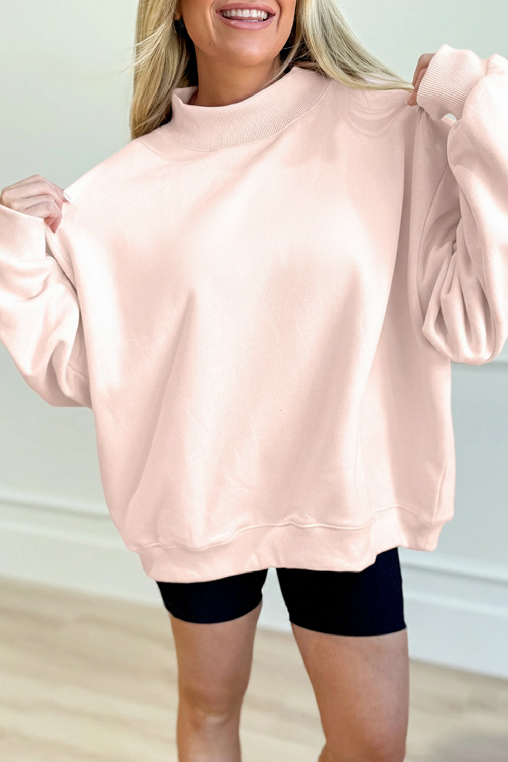 Light Pink Oversize Blessed Embroidered Mock Neck Sweatshirt