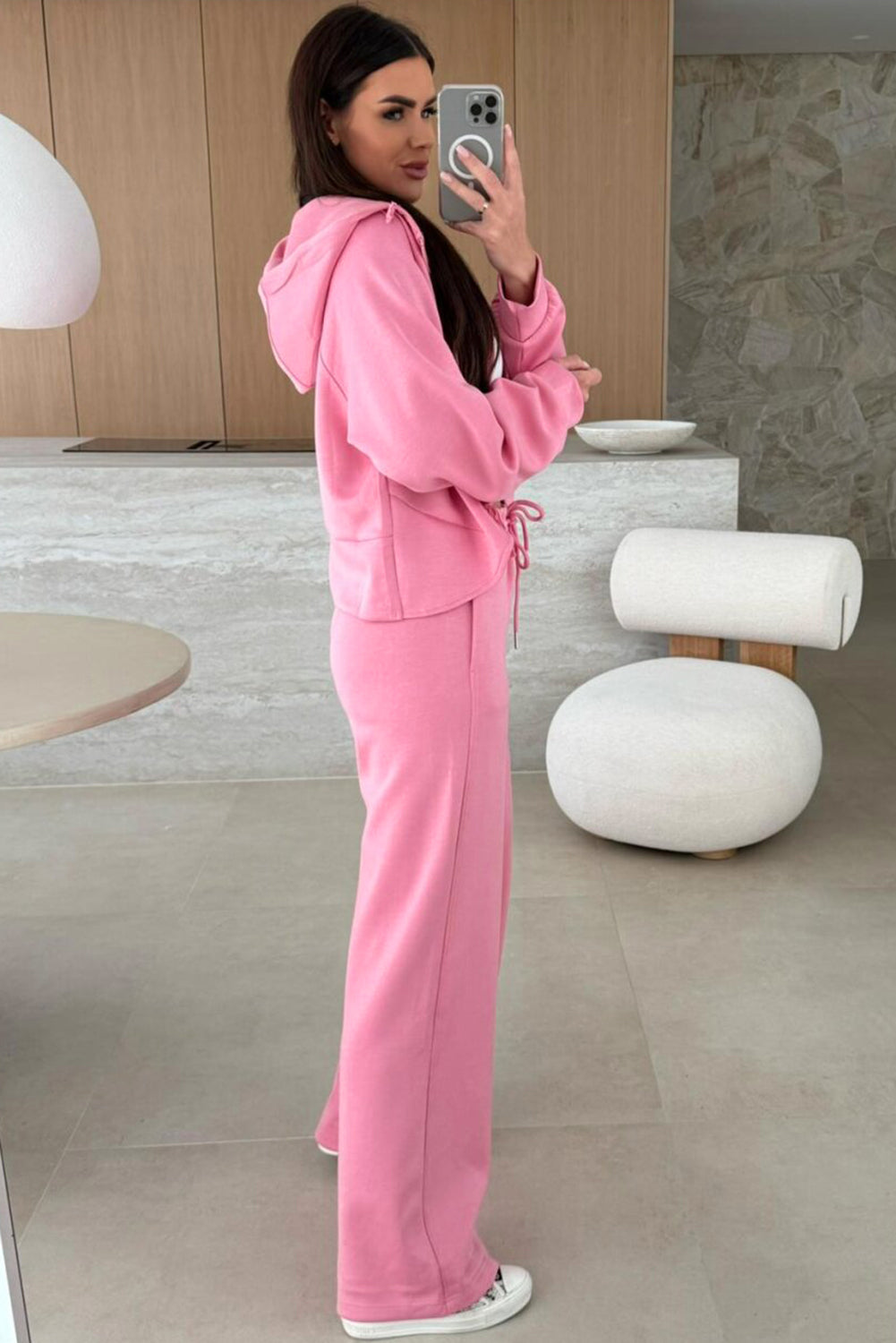 Pink Solid Color Zip Up Hoodie Drawstring Loose Pants Set