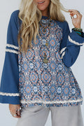 Blue Geometric Printed Lace Long Sleeve Top